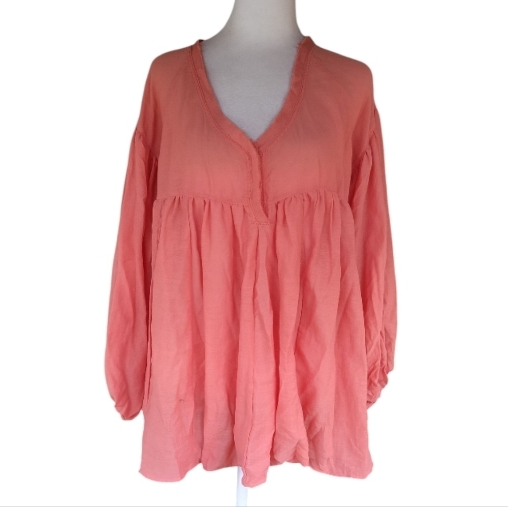 Easel Women's Coral Color Baby Doll Long Balloon Sleeve Blouse Top Size Small